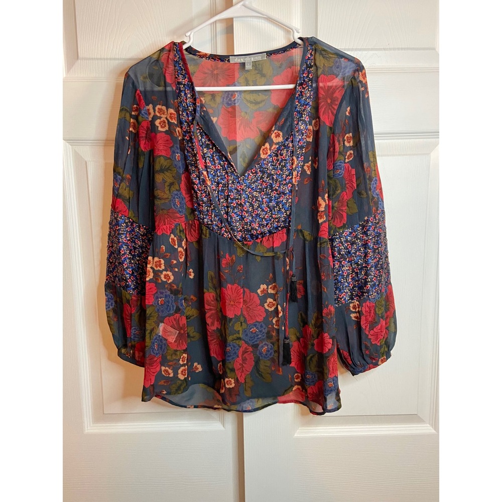 Daniel Rainn Navy Blue Floral Sheer Tassel Tie Blouse Small D20311PG4